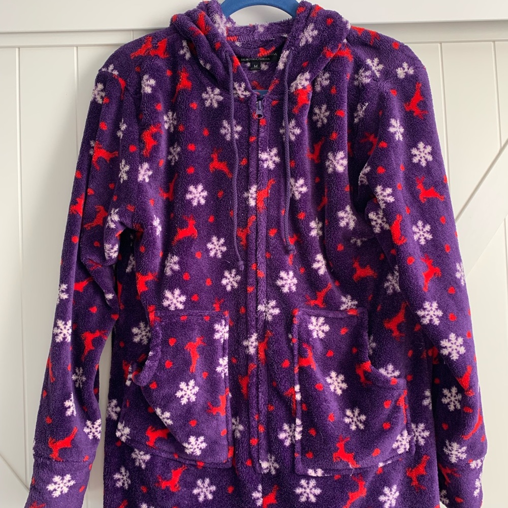 Alexander Del Rossa Plush Women's Hooded Footed Pajamas Purple Reindeer Medium - Picture 2 of 6